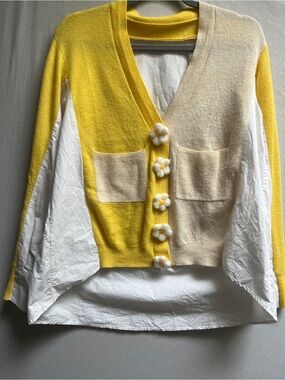 Cloud Season Paris Mixed Media Cardigan Shirt Daisy Buttons Sz M
